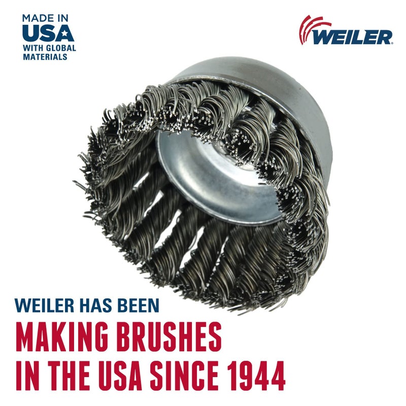 Weiler 13286 2-3/4" Single Row Knot Wire Cup Brush, .020" Steel Fill, 5/8"-11 UNC Nut, Made in the USA - Image 2